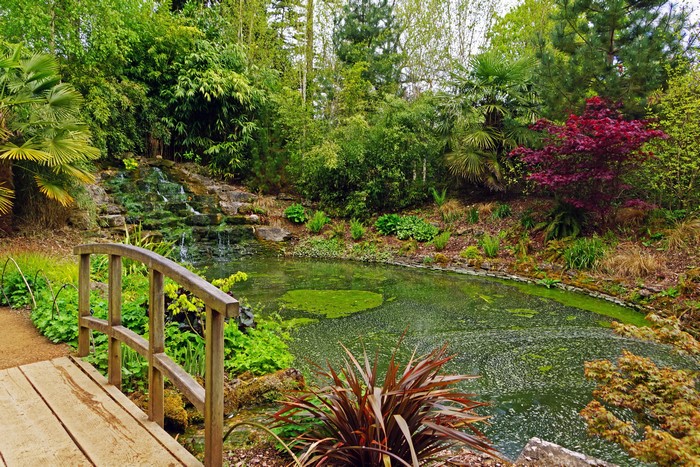 Garden pond with waterfall and wooden bridge at Blenheim Palace
