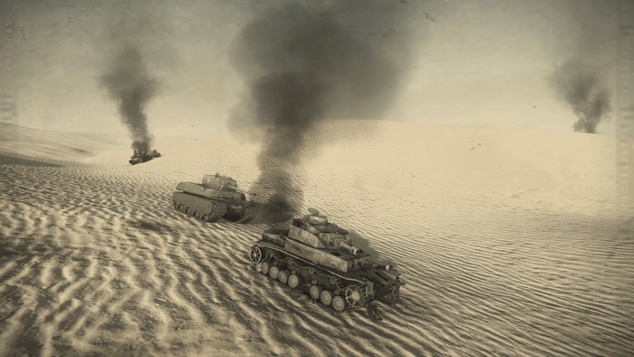 World of Tanks desert battle with burning tanks