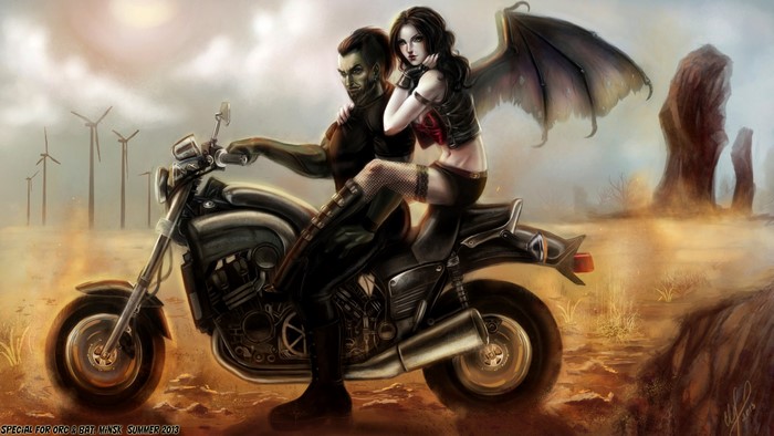 Vampire couple on a motorcycle in a desert landscape