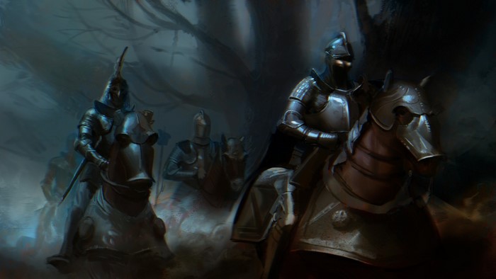 Knights in armor on horseback in a dark forest