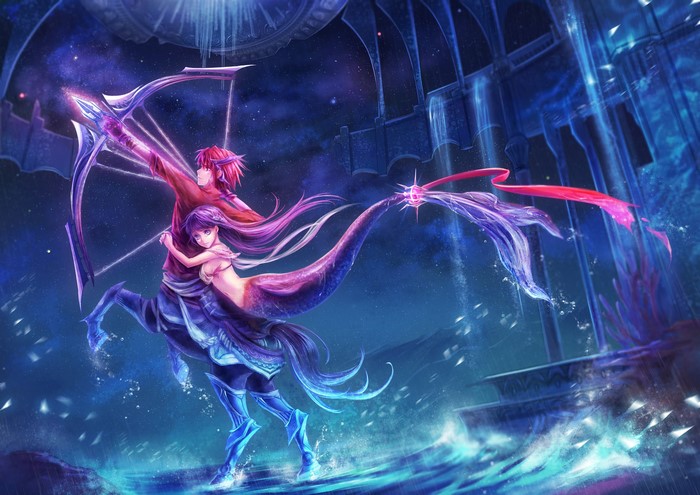 Centaur Archer with Mermaid Companion in Cosmic Setting