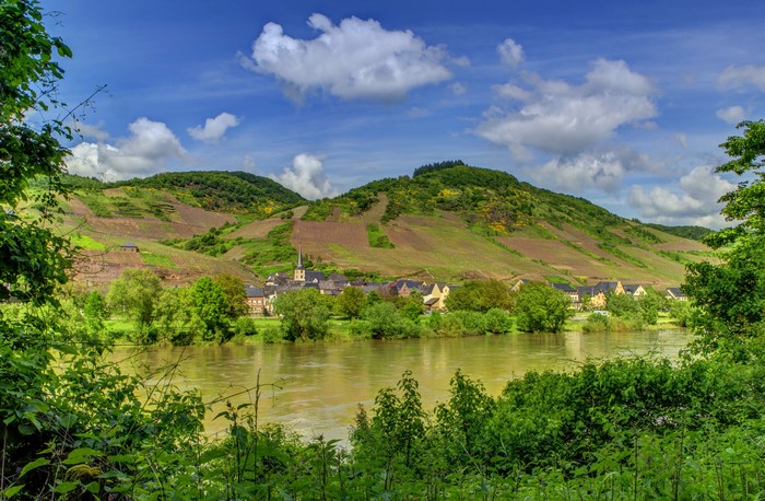 River valley with vineyards and village in Germany