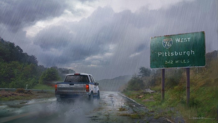 The Last of Us: Pittsburgh Road Sign in Rain