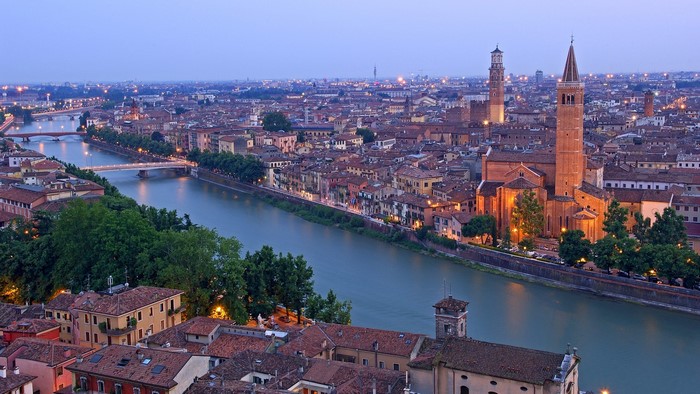 Verona cityscape with Adige river and Santa Anastasia church