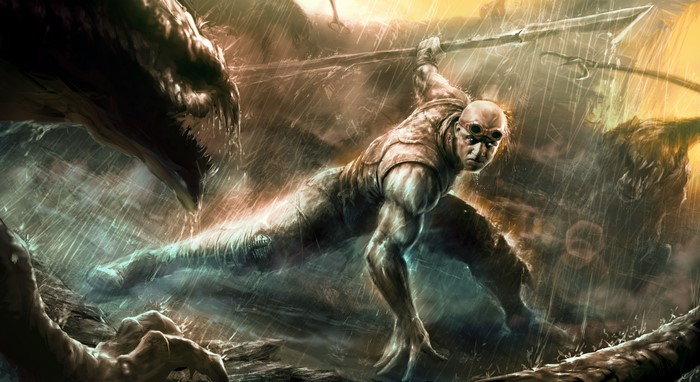 Riddick fighting a creature in the rain