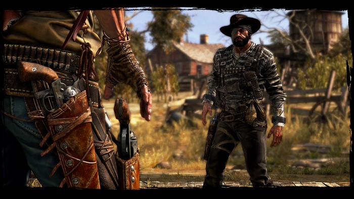 Two cowboys with pistols in a Western setting