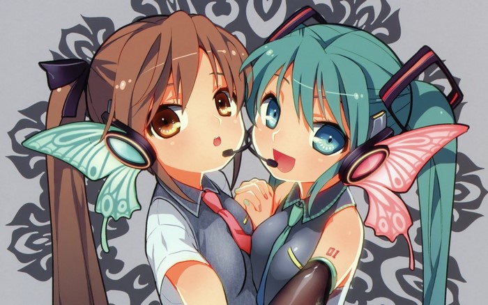 Two anime girls with headphones and butterfly wings