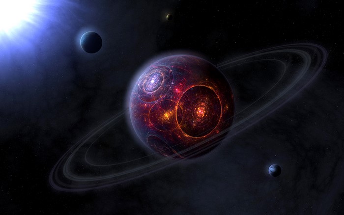 Ringed planet with intricate patterns and moons in space