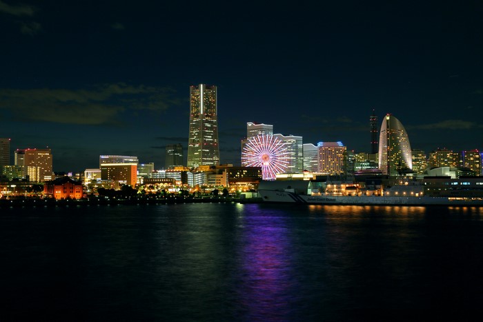 Yokohama skyline at night with Ferris wheel