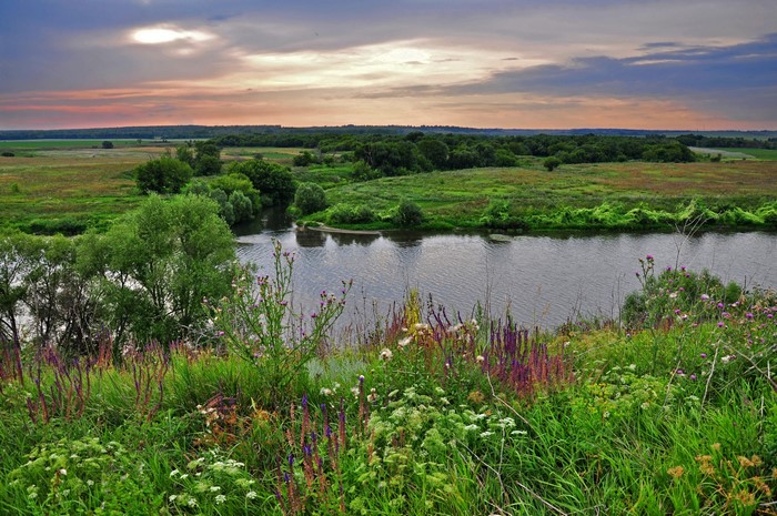 River and green fields at sunset