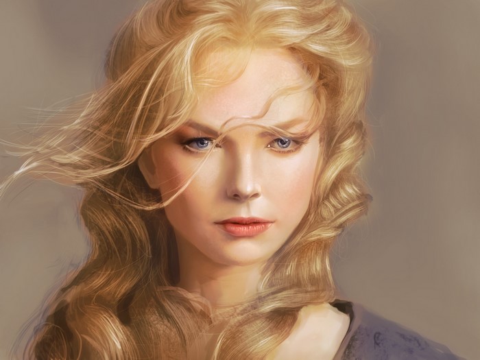 Painting of a blonde woman with windblown hair