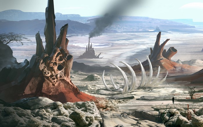 Post-apocalyptic landscape with industrial ruins and giant bones