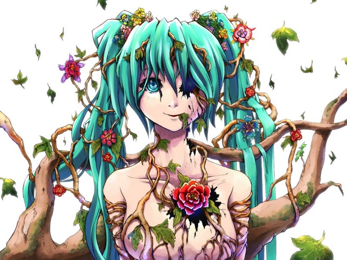 Hatsune Miku with flowers and branches