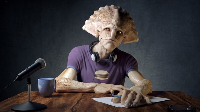 Alien sitting at a table with headphones and microphone