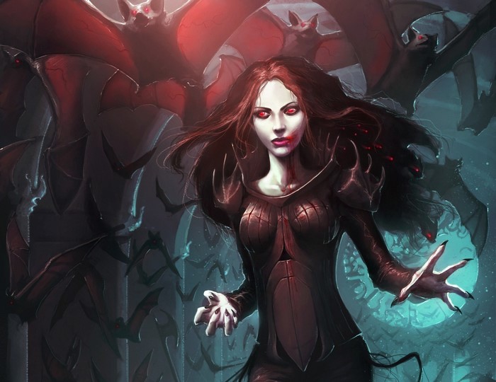 Vampire woman with bats and blood