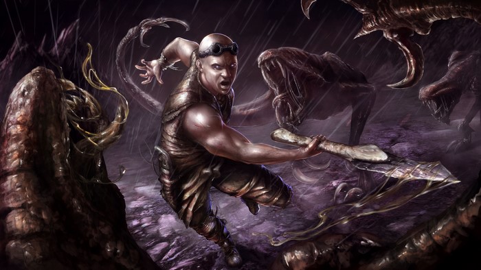 Riddick fighting monsters in the rain