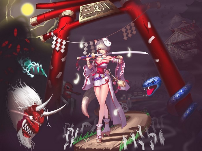 Kitsune girl with katana near torii gate