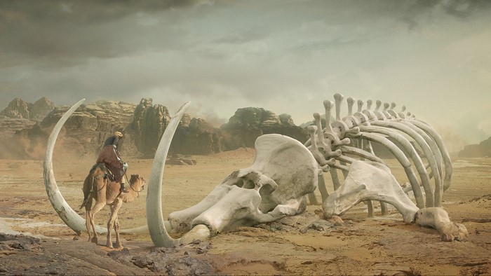 Painting of a man on a camel near a mammoth skeleton