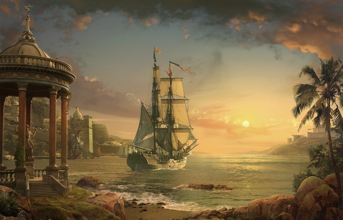 Sailing ship near ancient ruins at sunset