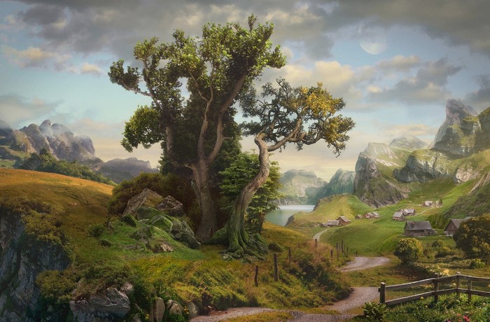 Scenery with a trail and village by Daniel Romanovsky