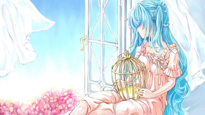 Hatsune Miku by the window with a birdcage