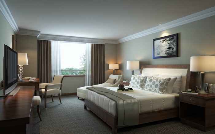 Hotel Bedroom Interior with Bed and Window