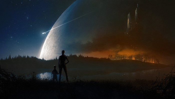 Two figures observe a large planet and a distant city