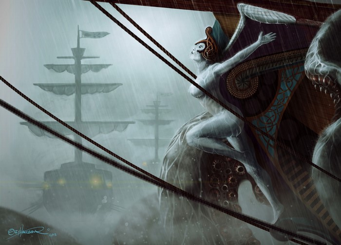 Naked woman on a ship in a storm with other ships