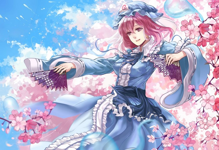 Saigyouji Yuyuko from Touhou Collection in a blue dress with sakura