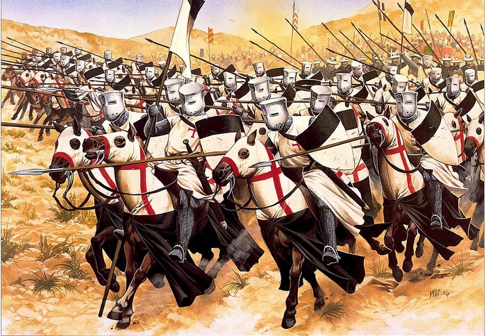Knights in armor on horseback with spears