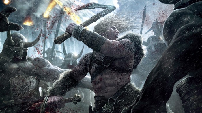 Viking warrior in battle with axes and swords