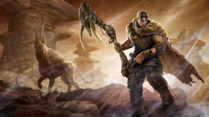 Riddick with a creature in a desert landscape