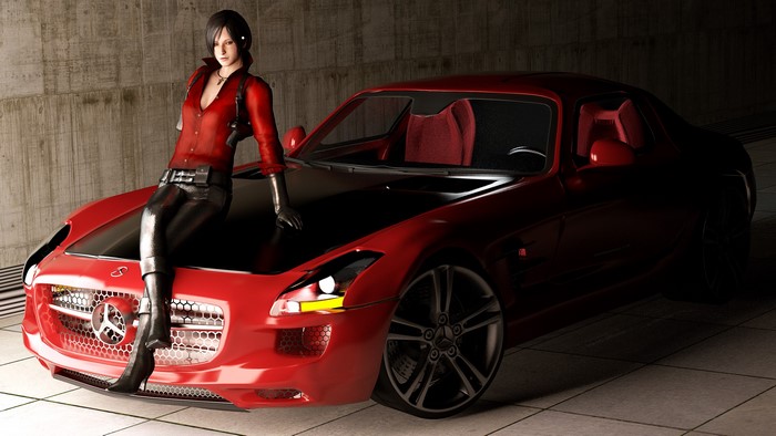 Ada Wong from Resident Evil sitting on a red Mercedes-Benz SLS AMG