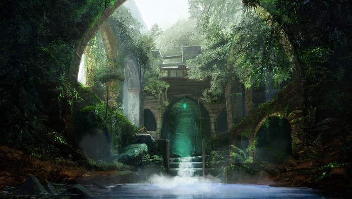 Mysterious glowing portal in ancient overgrown ruins