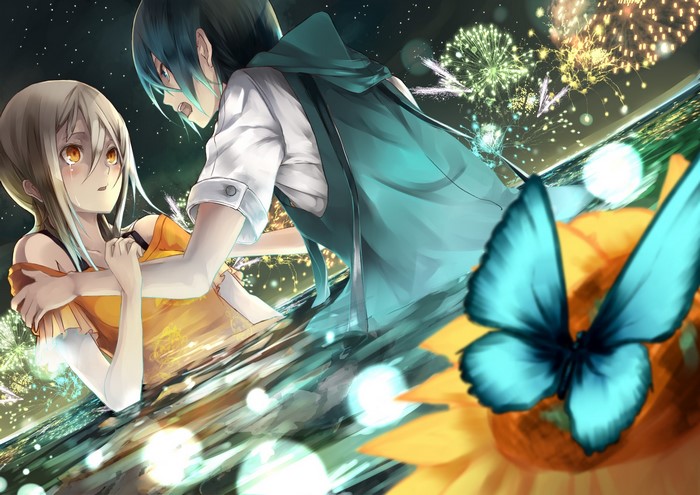 Two anime characters in water with fireworks and butterfly