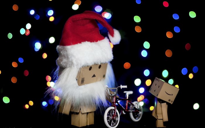 Danbo, Santa Claus, and Bicycle with Bokeh Lights