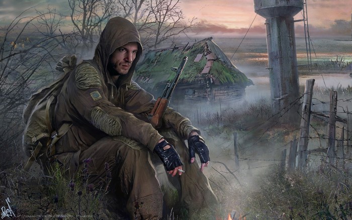 Man in hooded jacket with rifle in a post-apocalyptic landscape