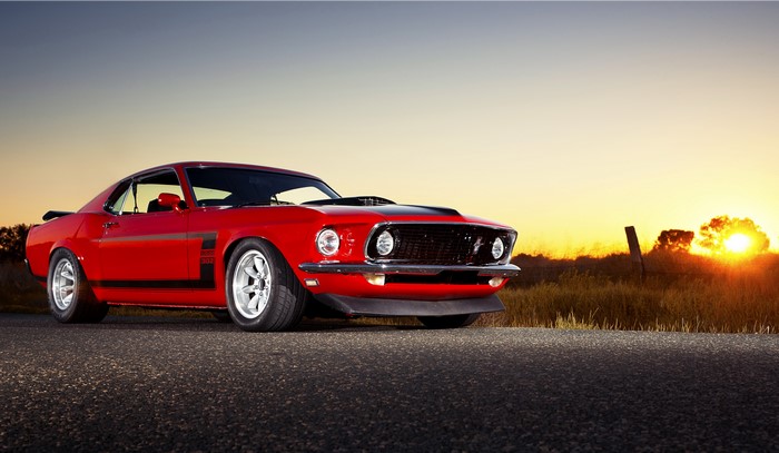 Red Ford Mustang Boss 302 at Sunset