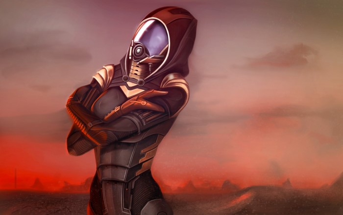 Tali Zorah from Mass Effect in a desolate landscape