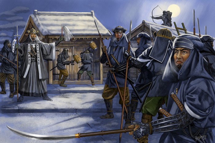 Warriors with Spears and Swords in Snowy Village
