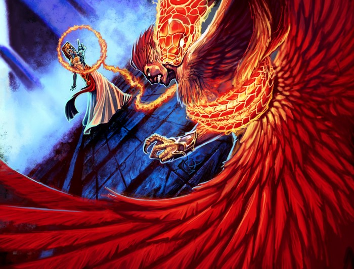 Warrior fights a fiery bird monster