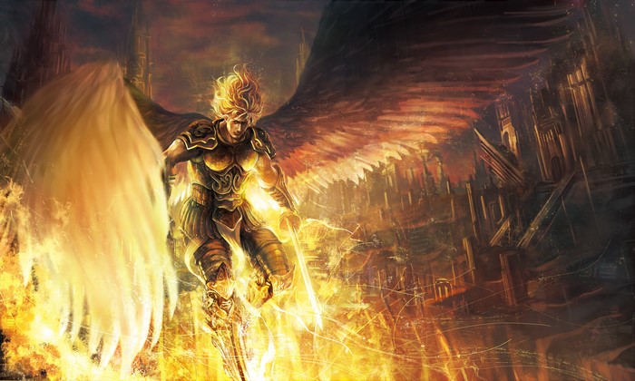Angel warrior with wings and sword in a burning city