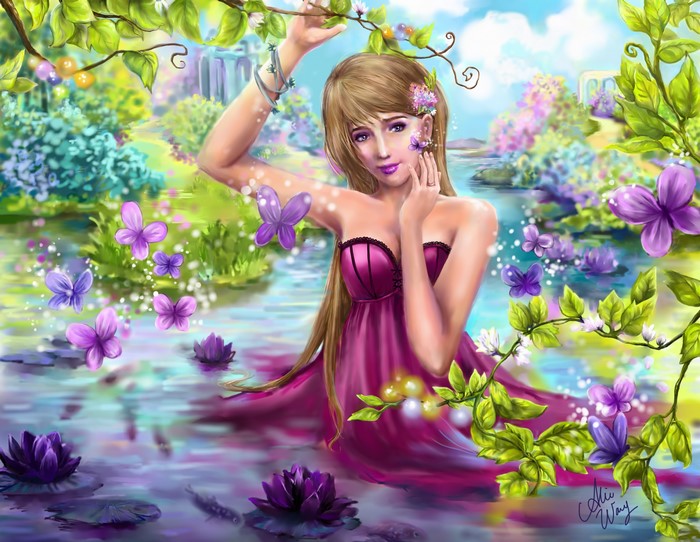 Woman in pink dress in a pond with butterflies and water lilies