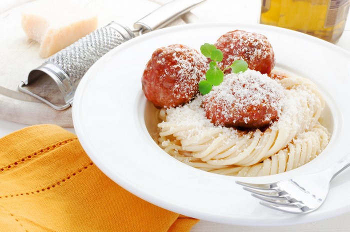 Spaghetti and meatballs with parmesan cheese