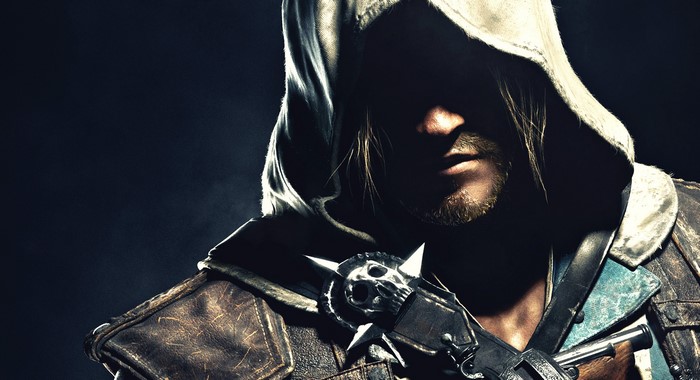 Assassin's Creed character with skull emblem and pistol