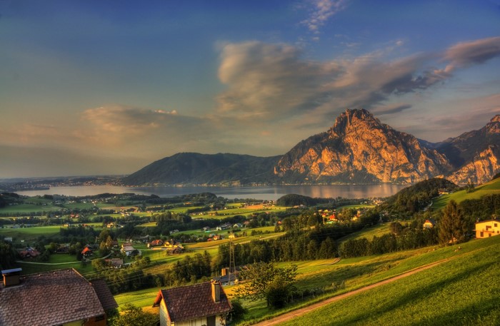 Gmunden, Austria: Mountain Landscape with Lake and Village