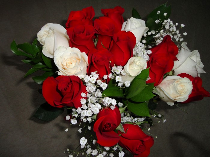 Red and white roses bouquet with baby's breath