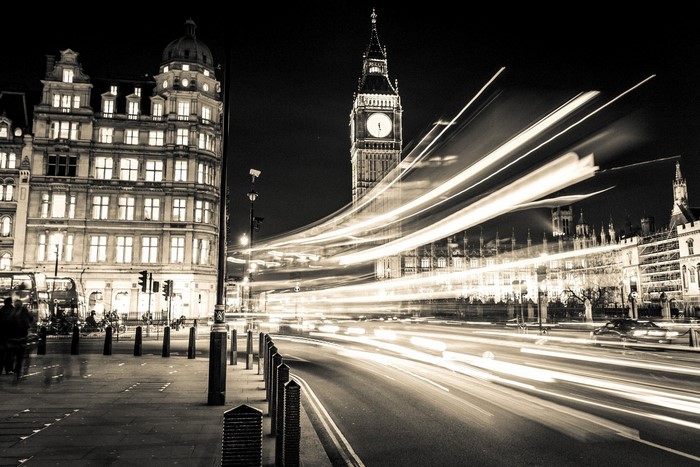 Big Ben and Houses of Parliament at night with light trails