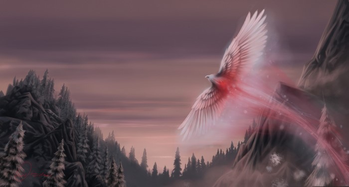 A magical bird flies through a mountain landscape