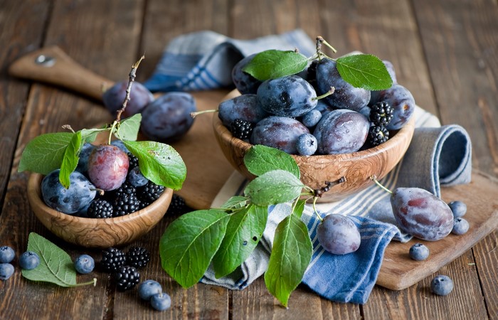 Plums, Blackberries, and Blueberries in Bowls